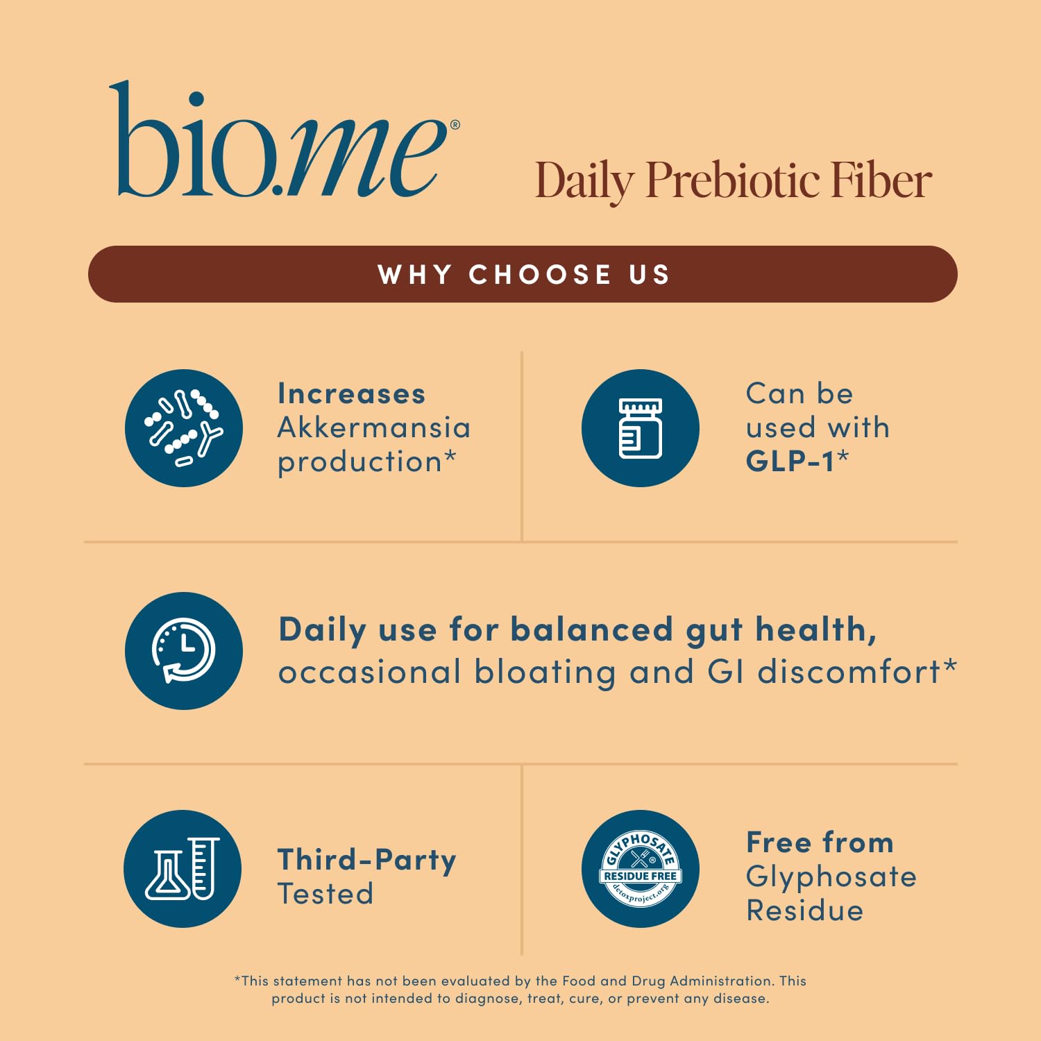 Bio.me polvo prebiótico diario fibra chocolate envase portátil.