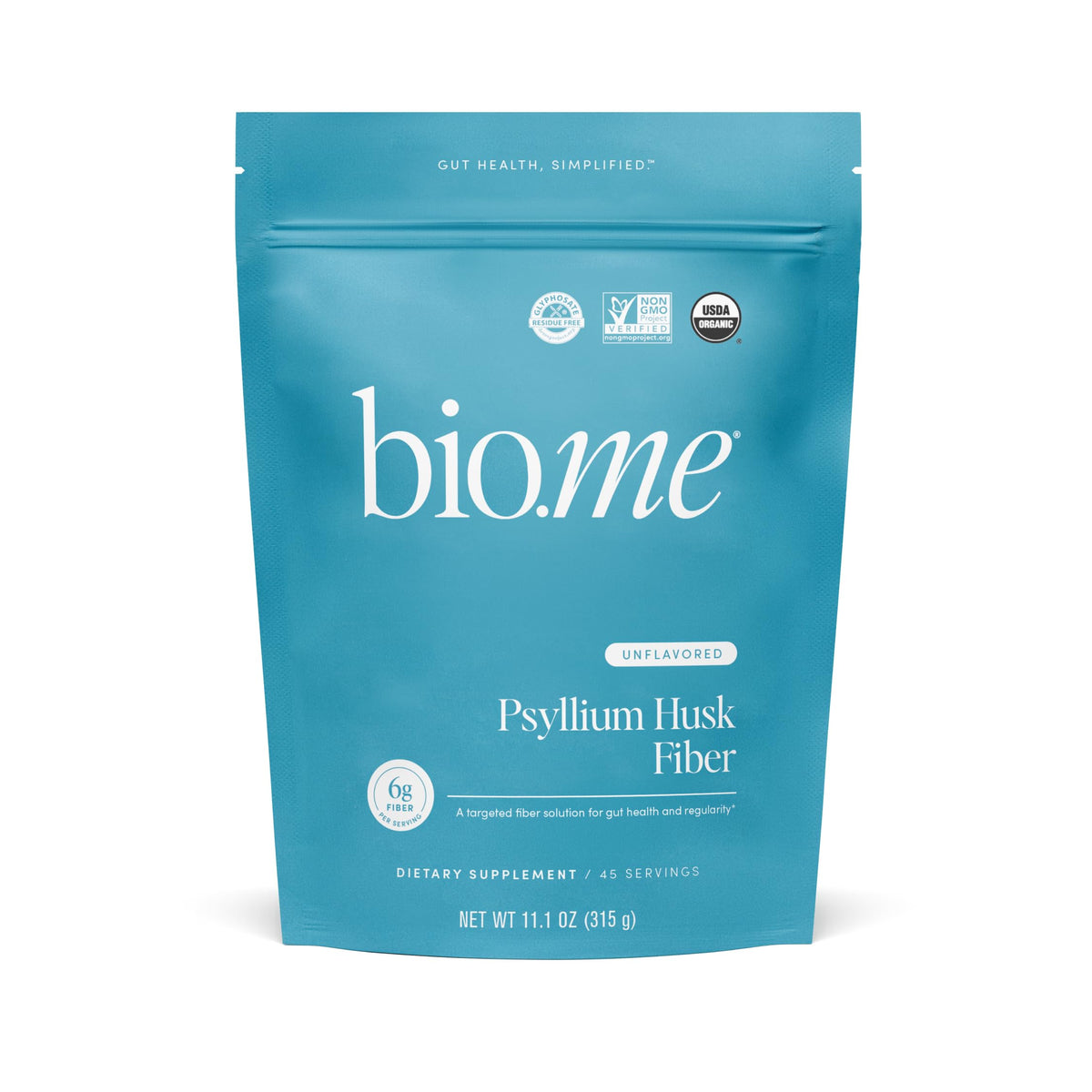 Bio.me Psyllium Husk: envase del producto, fibra sin sabor para digestión equilibrada.