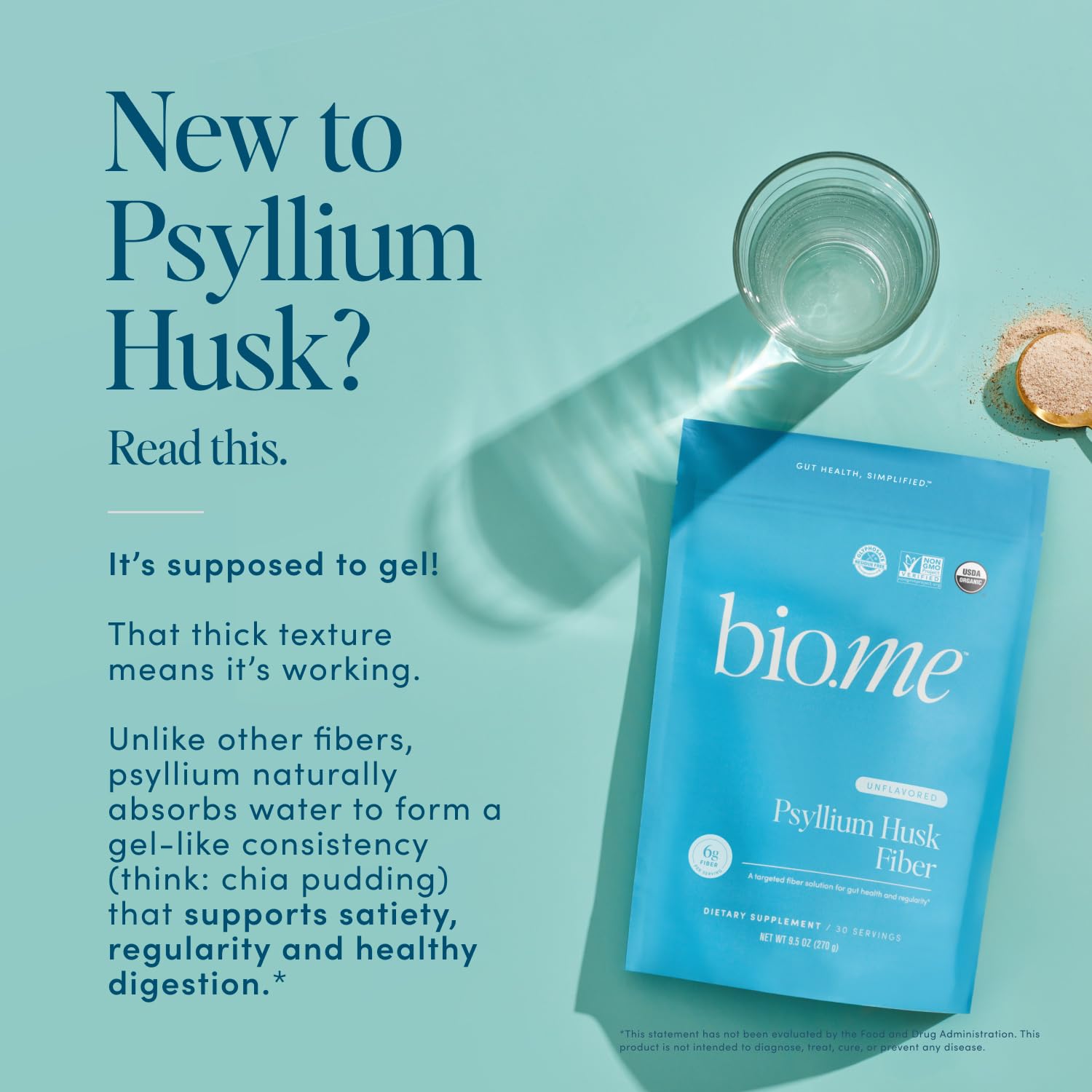 Bio.me Psyllium Husk: mezcla en bebidas para regularidad intestinal sin gluten.