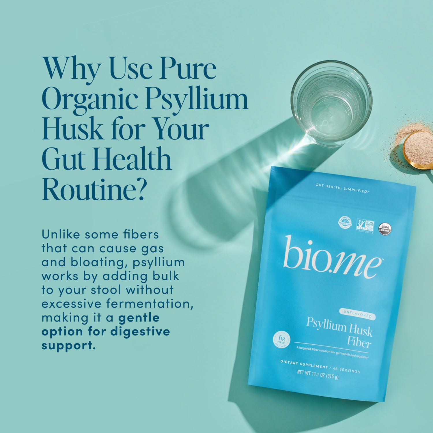Bio.me Psyllium Husk: fibra orgánica certificada para bienestar diario.