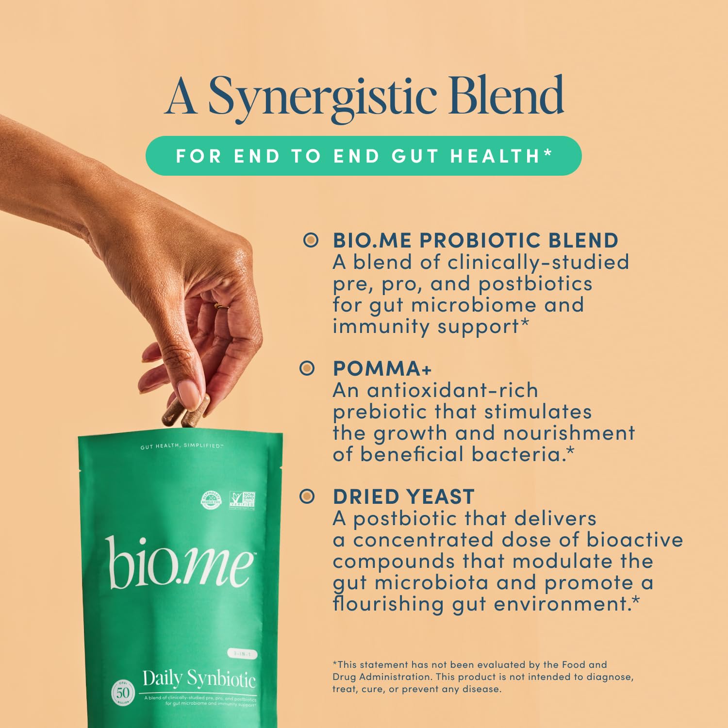 Bio.me Synbiotic 3-en-1 Envase: diseño cómodo para uso cotidiano.