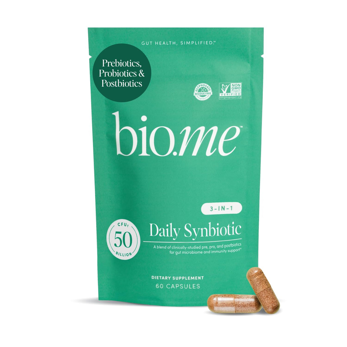 Bio.me Synbiotic 3-en-1 Frasco: apoyo digestivo diario para hombres y mujeres.