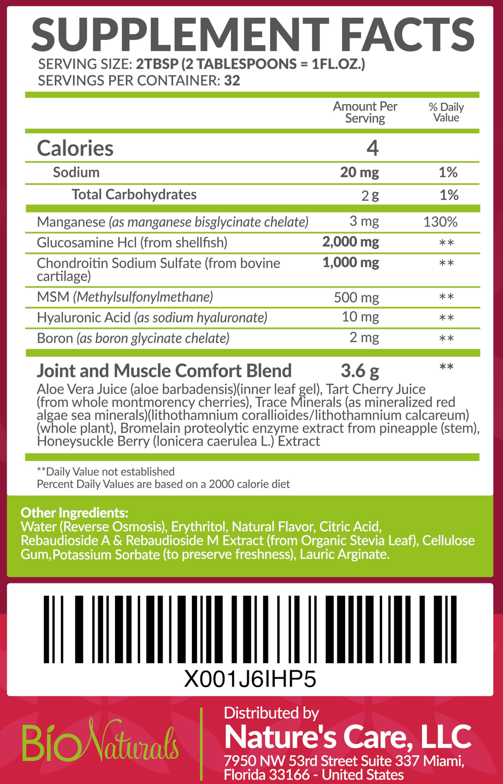 Etiqueta de Bio Naturals mostrando ingredientes clave y usos posibles.