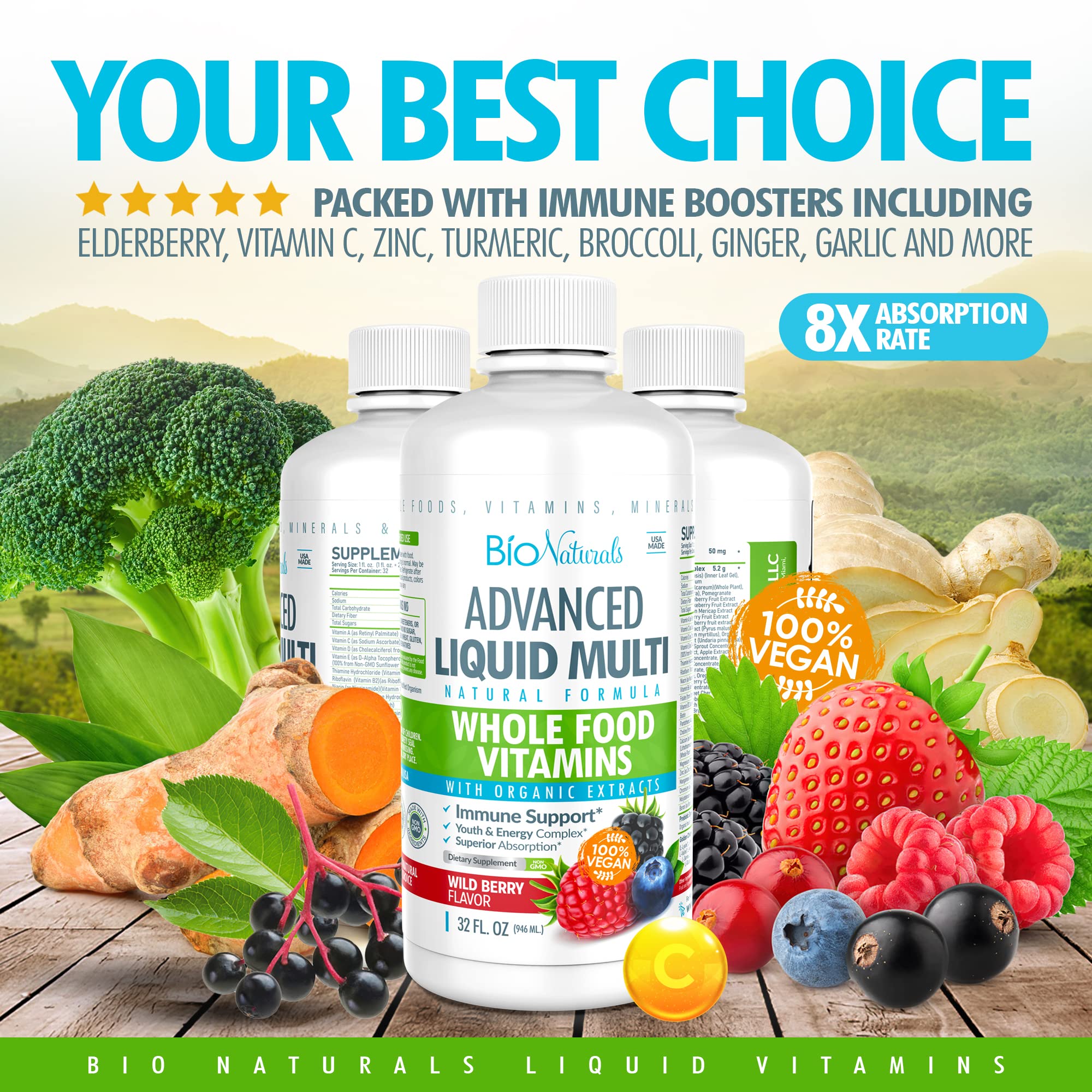 Bio Naturals Liquido Multivitamínico, apoyo inmunológico, con saúco y vitamina C.
