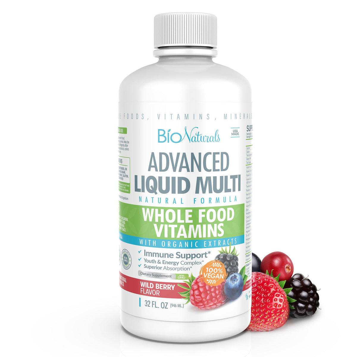 Bio Naturals Liquido Multivitamínico, botella frontal, para consumo diario equilibrado.