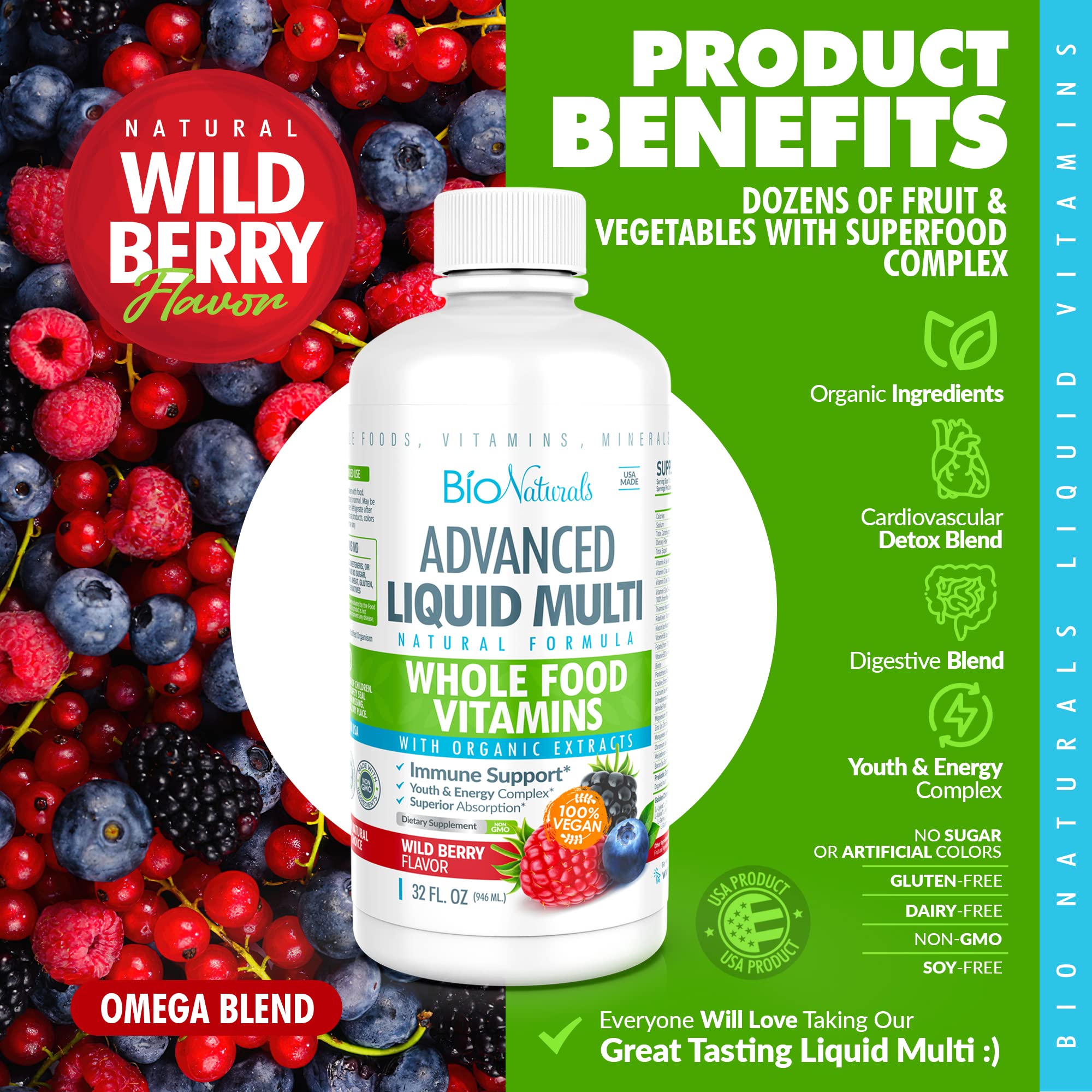 Bio Naturals Liquido Multivitamínico, frutas y vegetales, fuente natural de nutrientes.