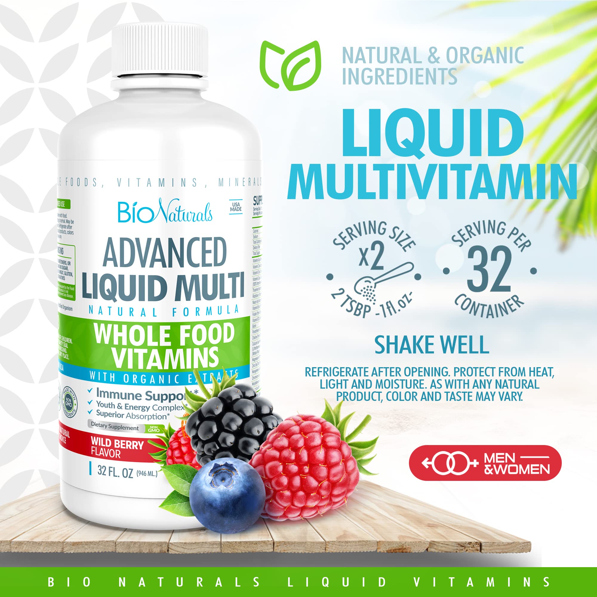 Bio Naturals Liquido Multivitamínico, uso diario, para energía matutina.