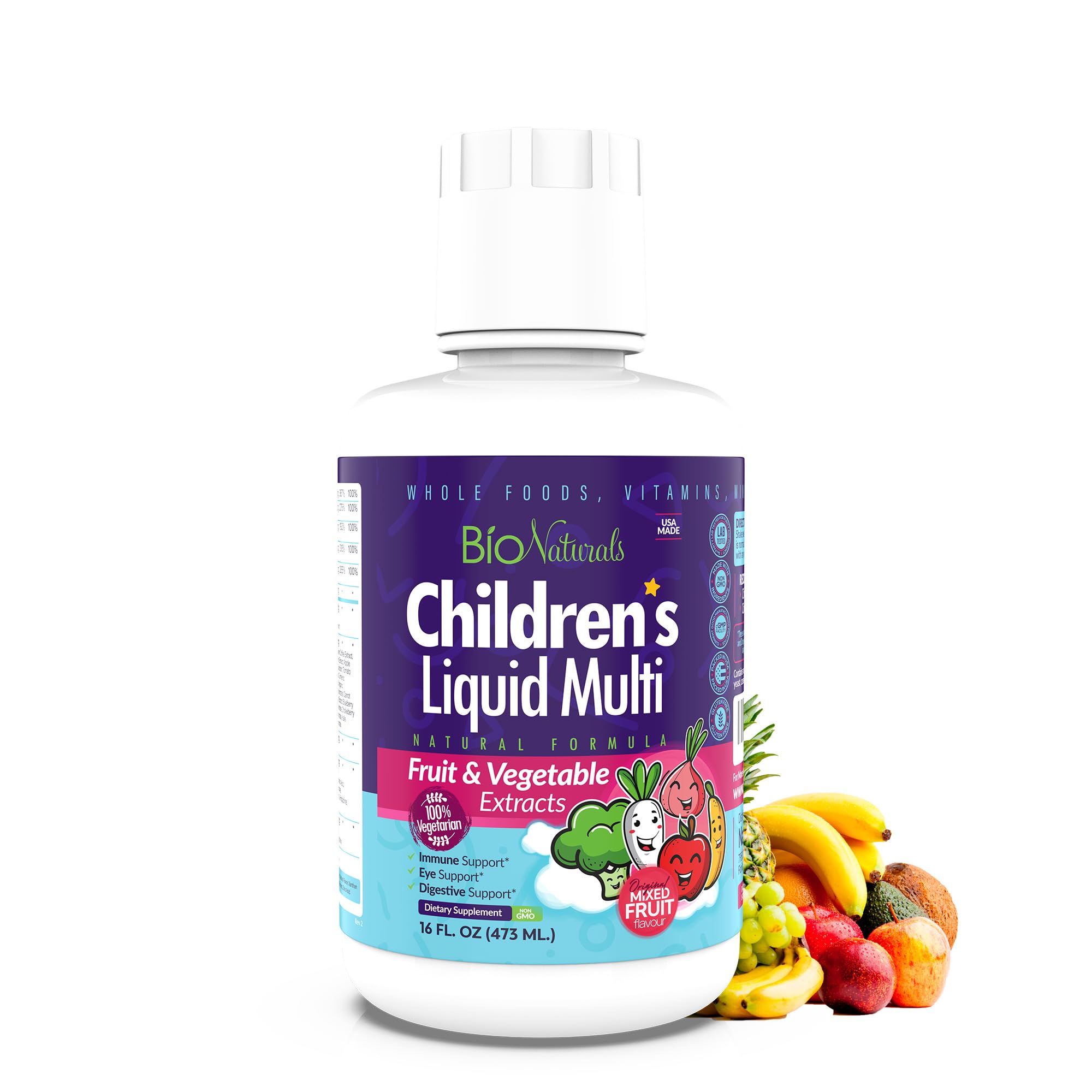 Bio Naturals multivitamínico líquido para niños, botella en primer plano, apoyo al desarrollo diario