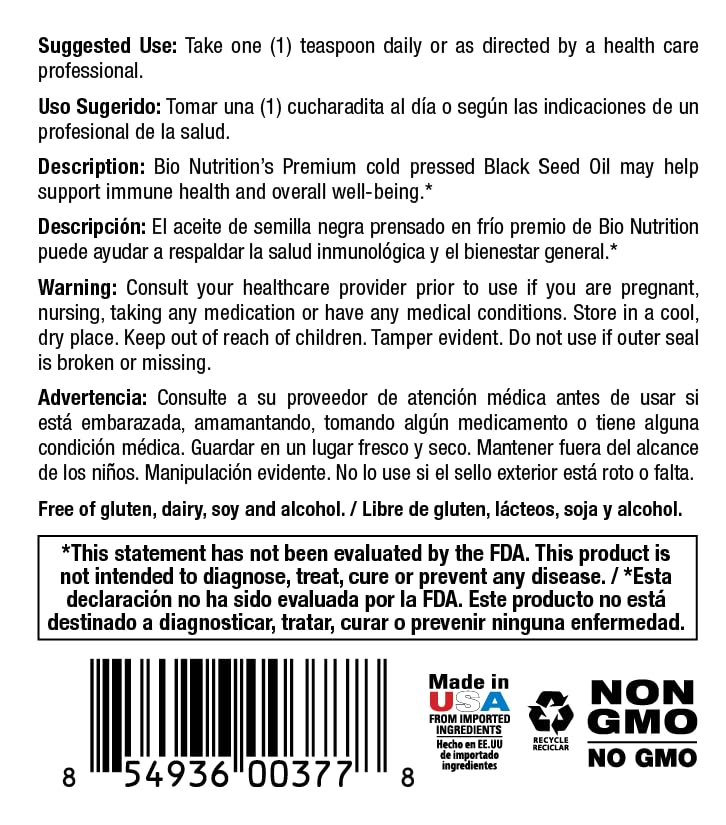 Bio Nutrition Aceite Semilla Negra, etiqueta visible; opción natural para la dieta.
