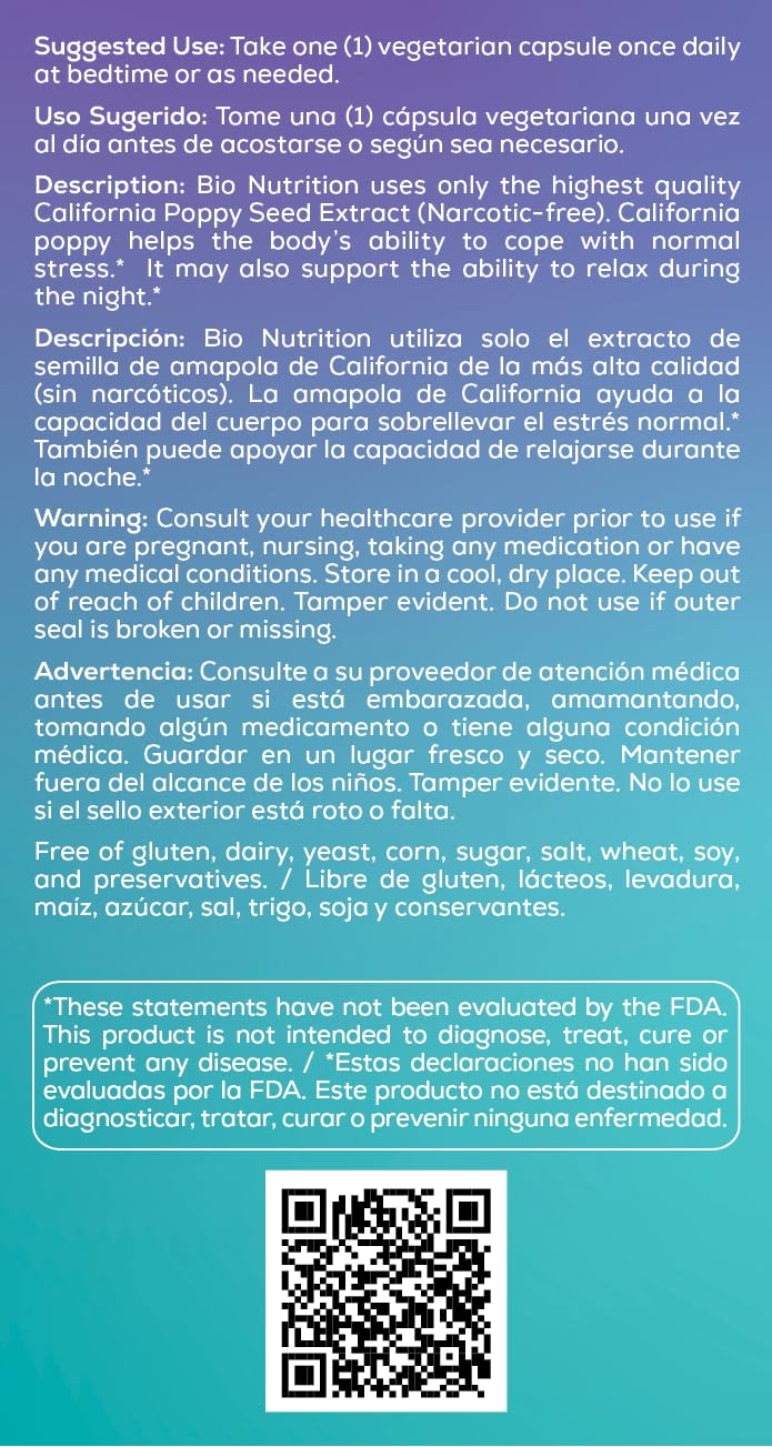 Bio Nutrition amapola de California, caja presentada para relajación diaria