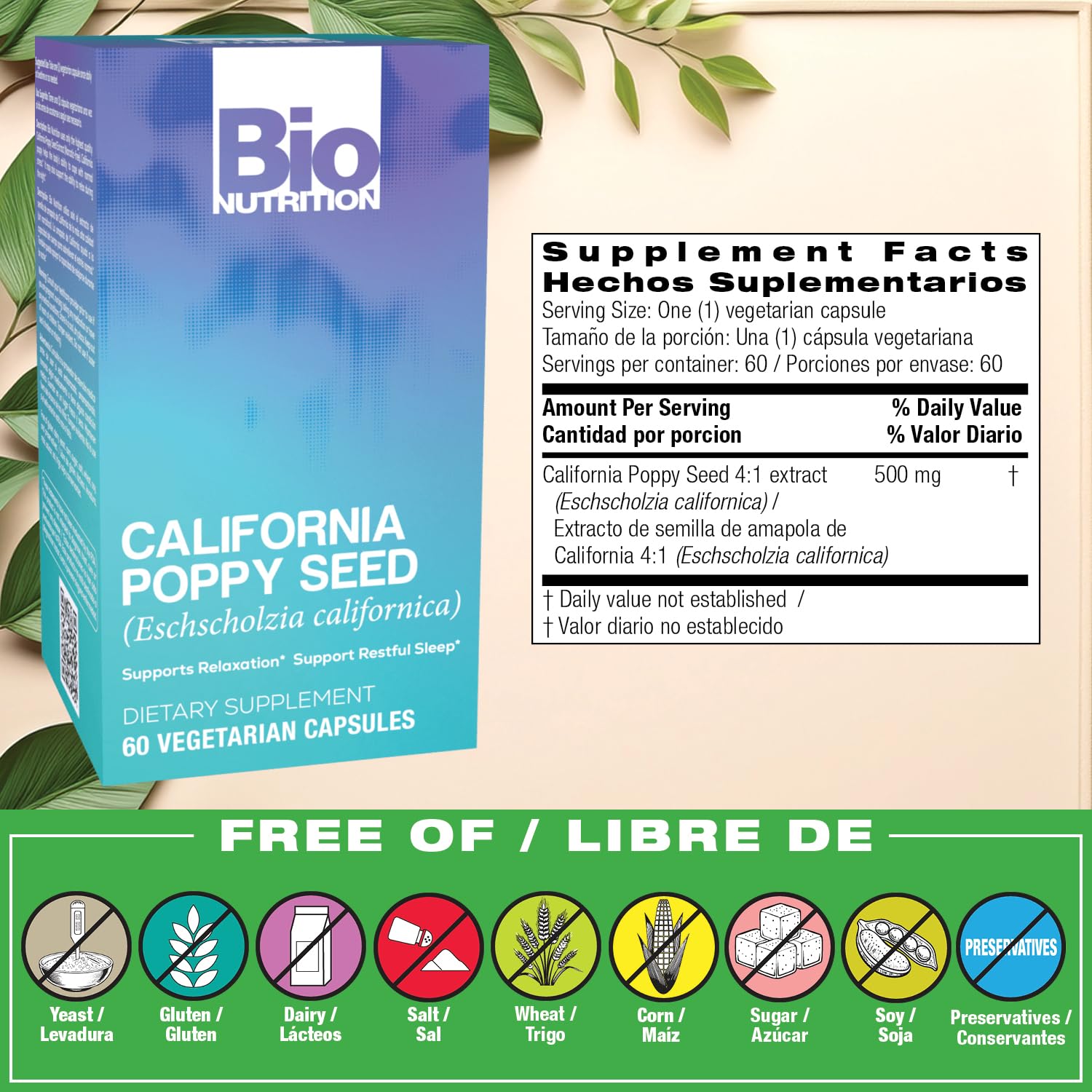 Bio Nutrition amapola de California, cápsulas para descanso nocturno