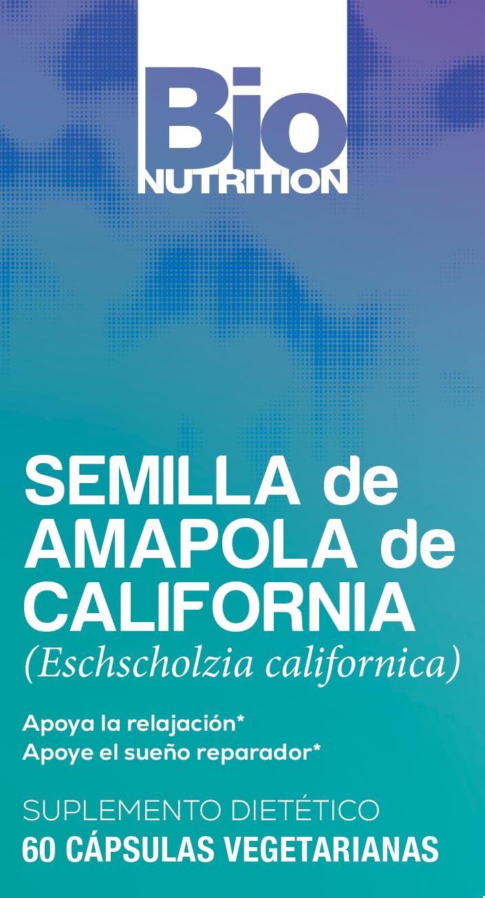 Bio Nutrition amapola de California, etiqueta frontal, uso recomendado para descanso