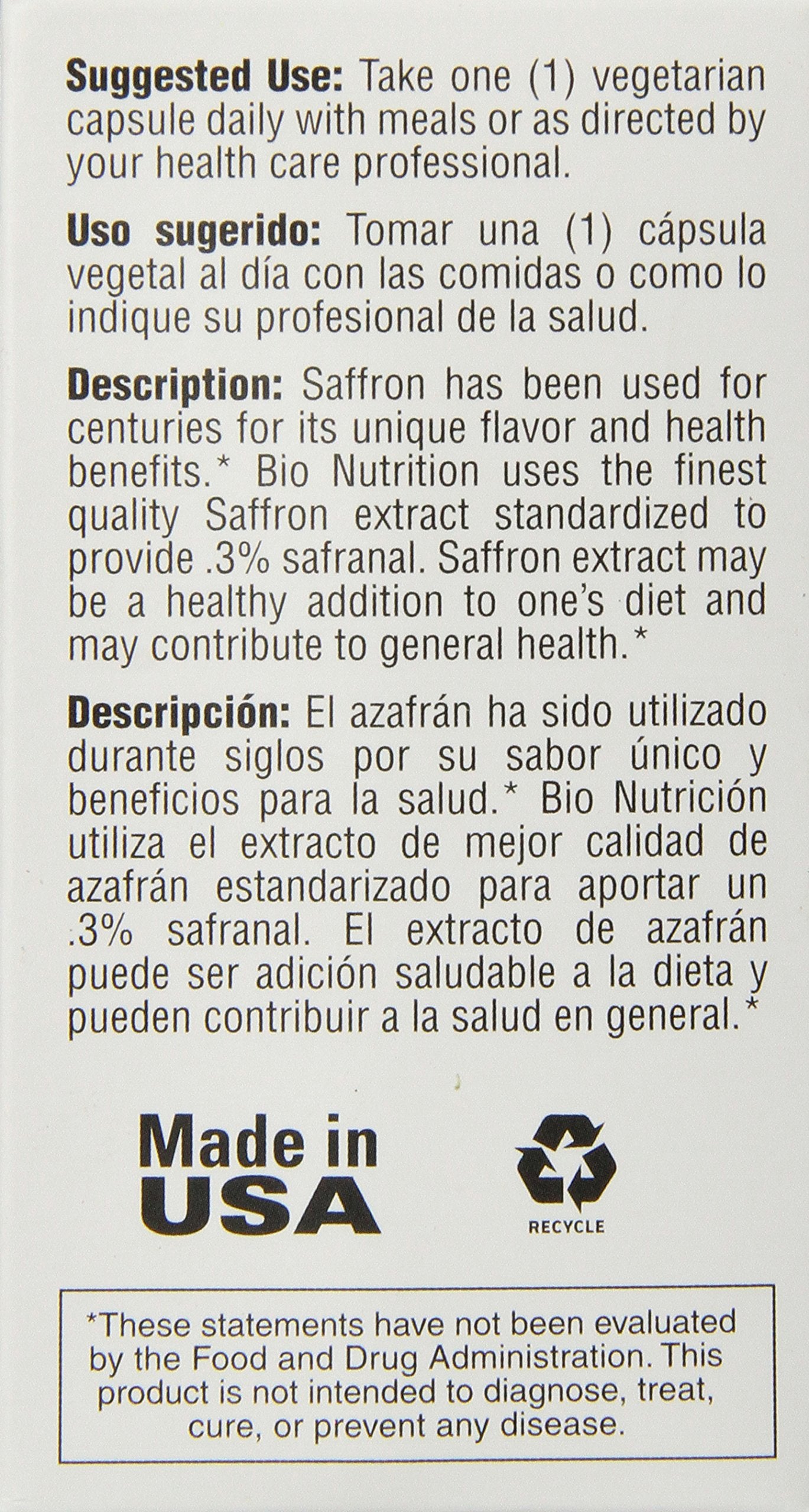 Bio Nutrition Azafrán Vegi-Caps etiqueta: se indica extracto estandarizado para uso diario.