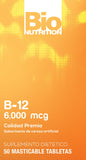 Envase con 50 tabletas de Bio Nutrition B-12 para consumo regular.