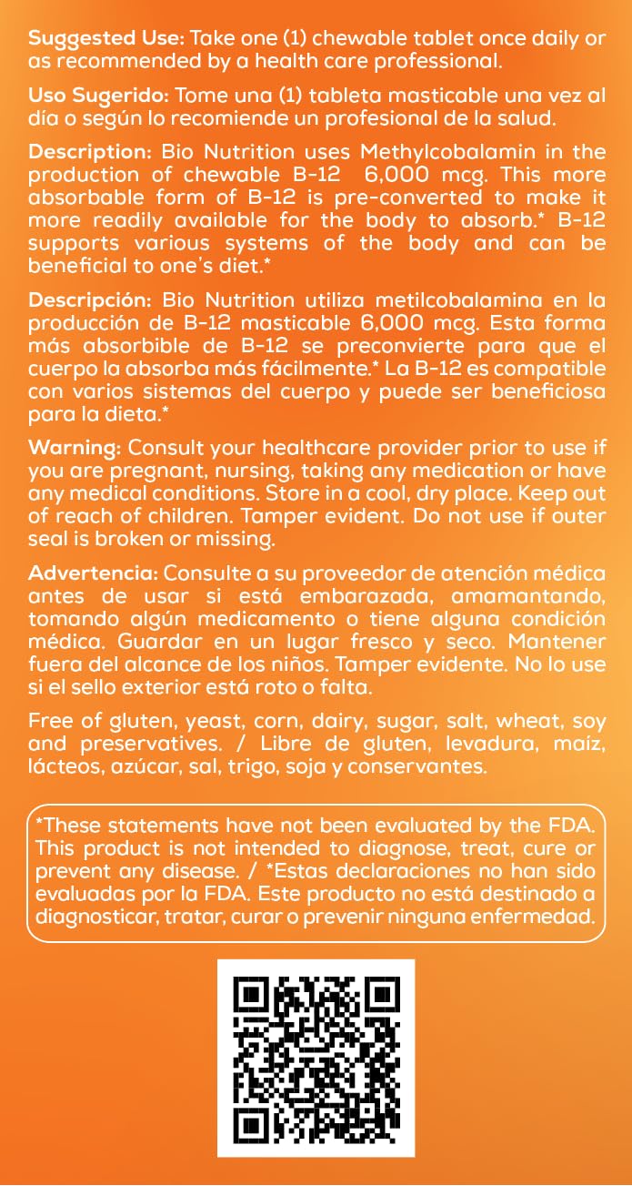 Tableta Bio Nutrition B-12 se disuelve rápidamente bajo la lengua.