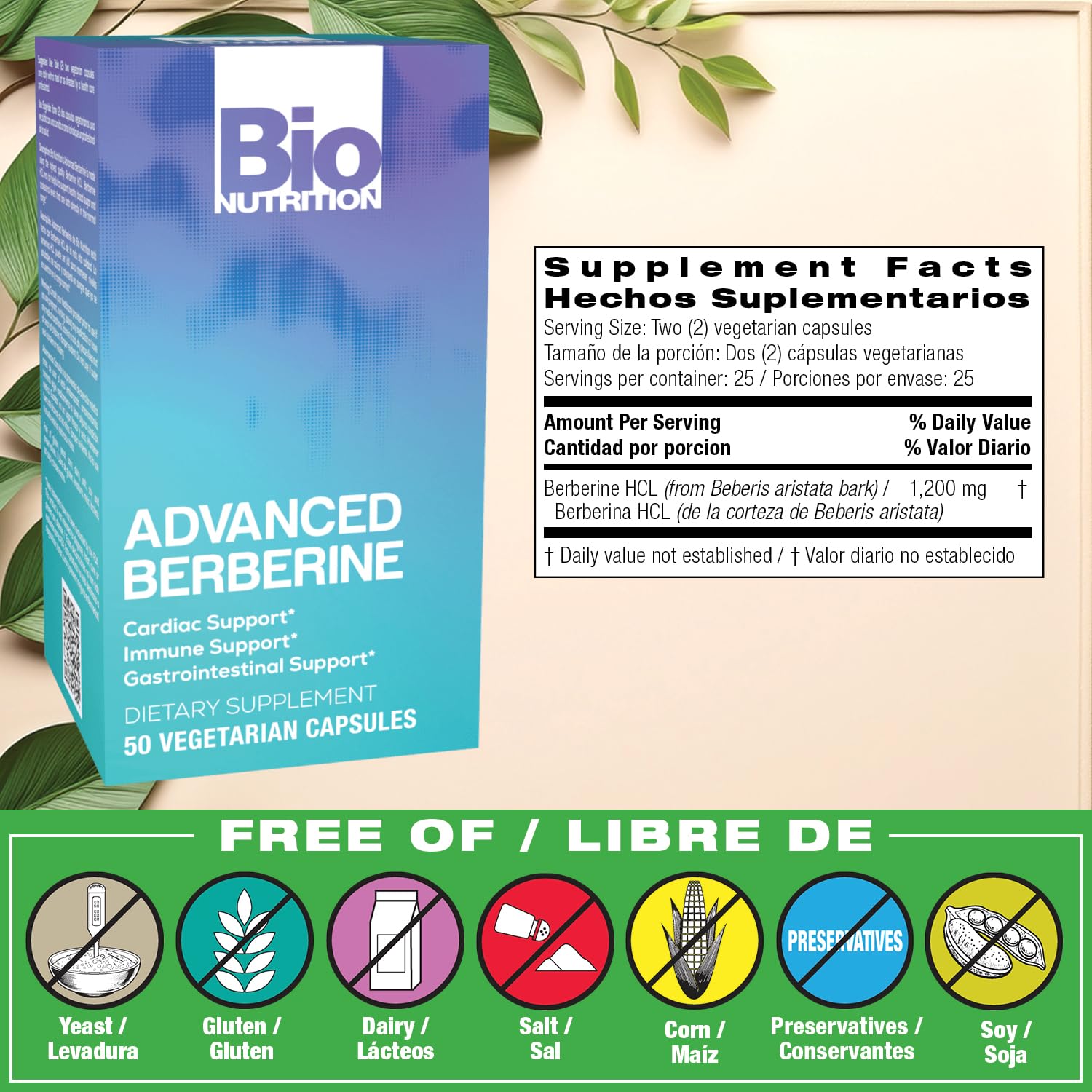 Bio Nutrition berberina 50 cápsulas: etiqueta frontal clara para identificar la dosis.