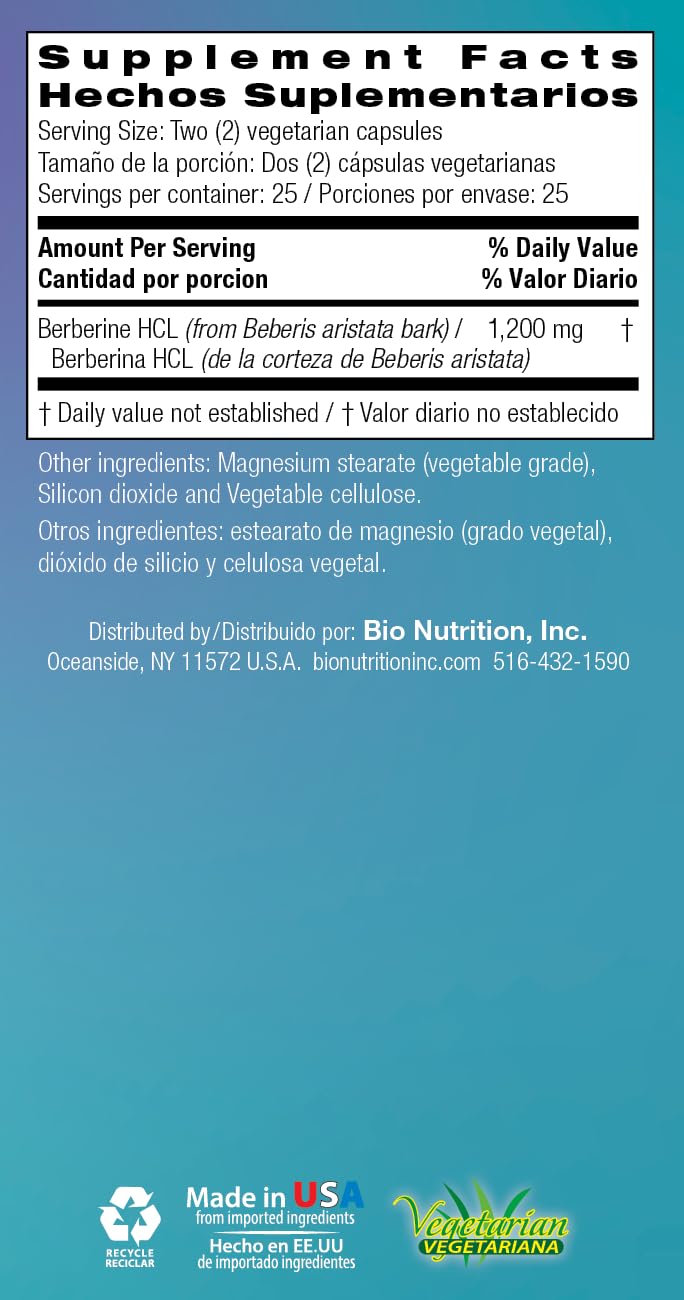 Bio Nutrition berberina 50 cápsulas: lectura fácil de información en etiqueta.