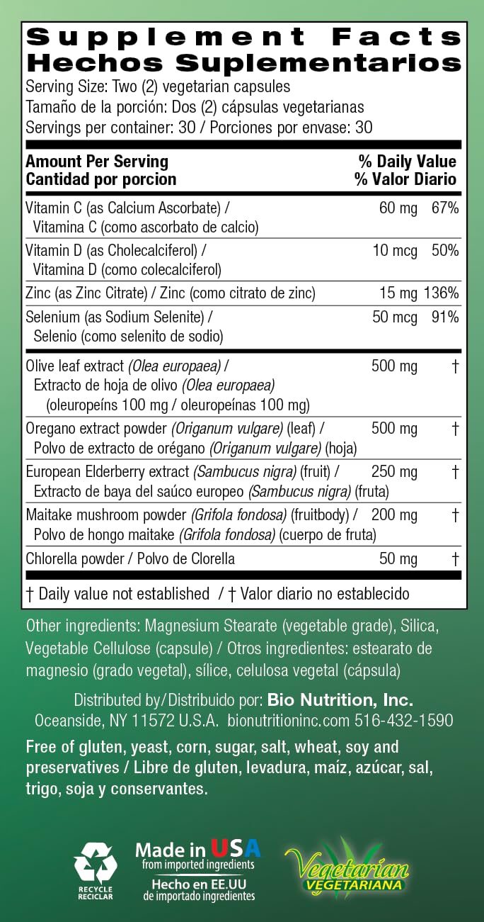 Bio Nutrition Bienestar Inmune mezcla herbal visible, hoja de olivo y oregano