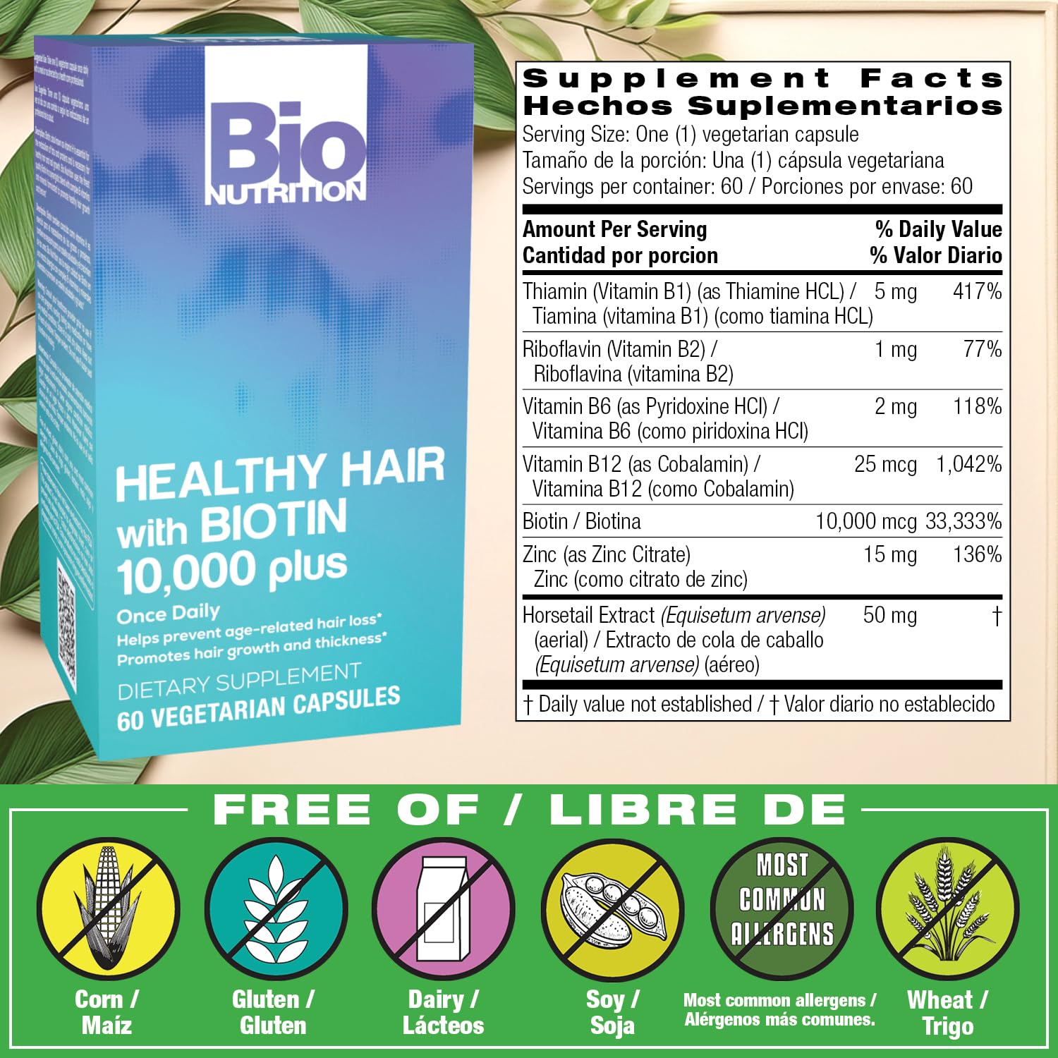 Biotina Bio Nutrition Vegi-Caps, dosis en manos para consumo diario fácil