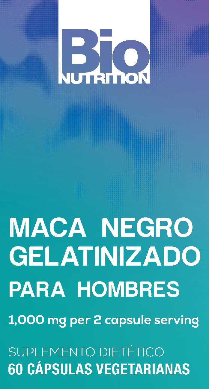 Bio Nutrition maca negra gelatinizada en cápsulas de 500 mg para uso vegetariano.