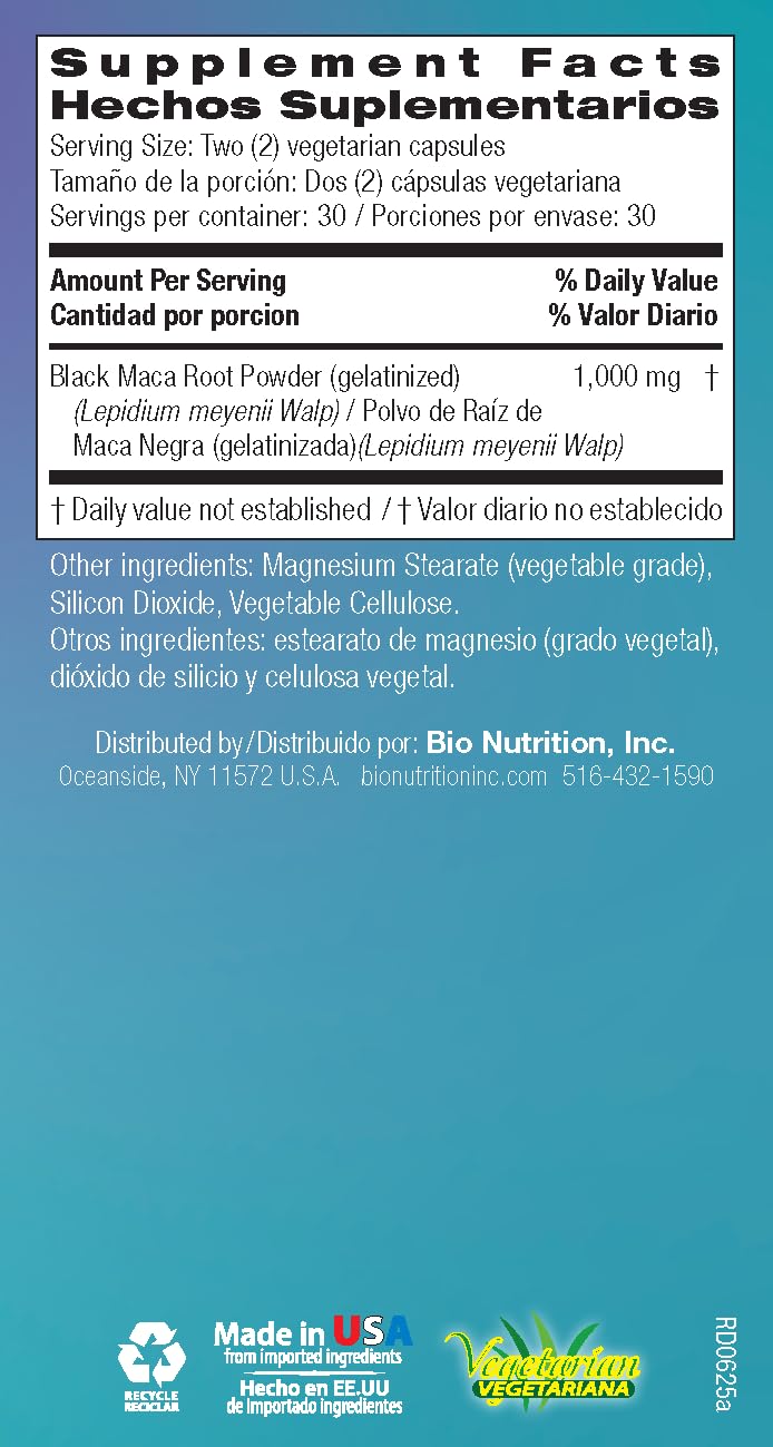 Bio Nutrition etiqueta y formato gelatinizado para maca negra peruana.