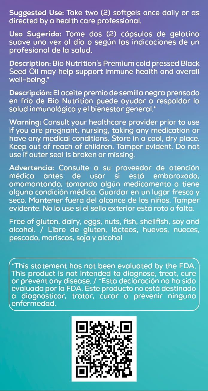 Bio Nutrition etiqueta del producto mostrando pureza y prensado en frío.