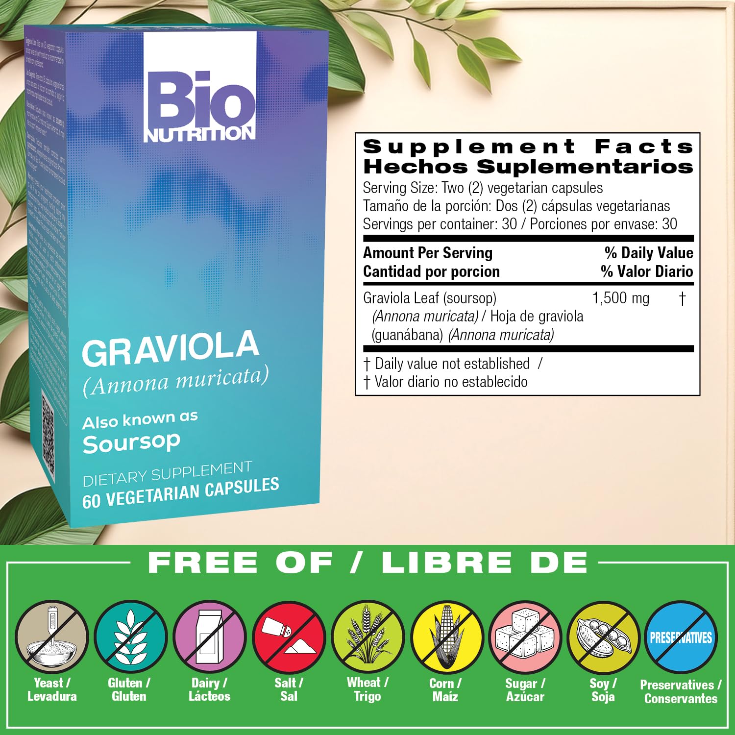 Bio Nutrition Graviola, cápsulas vegetarianas listas para tomar en cualquier momento
