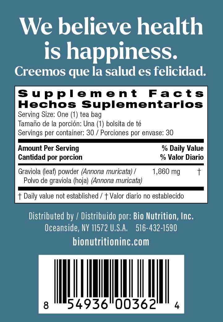 Bio Nutrition Graviola Tea: etiqueta clara con indicaciones y beneficios posibles.
