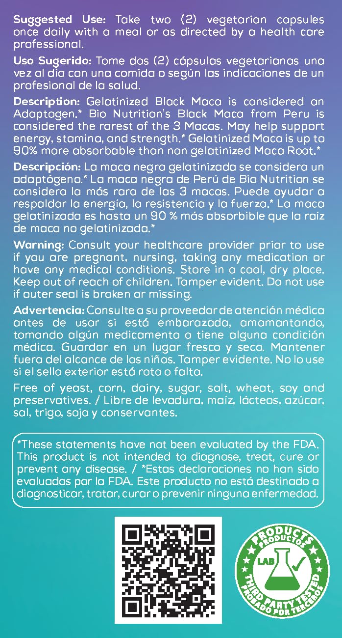 Bio Nutrition maca negra gelatinizada: mayor absorción frente a la maca no gelatinizada.