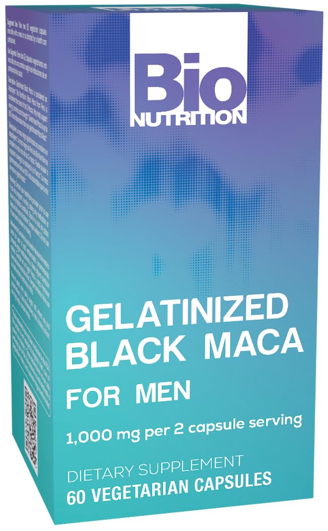 Bio Nutrition maca negra gelatinizada: botella de 60 cápsulas para energía sostenida.