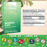 Bio Nutrition Moringa 5000 mg, cápsulas vegetarianas fáciles de incorporar.