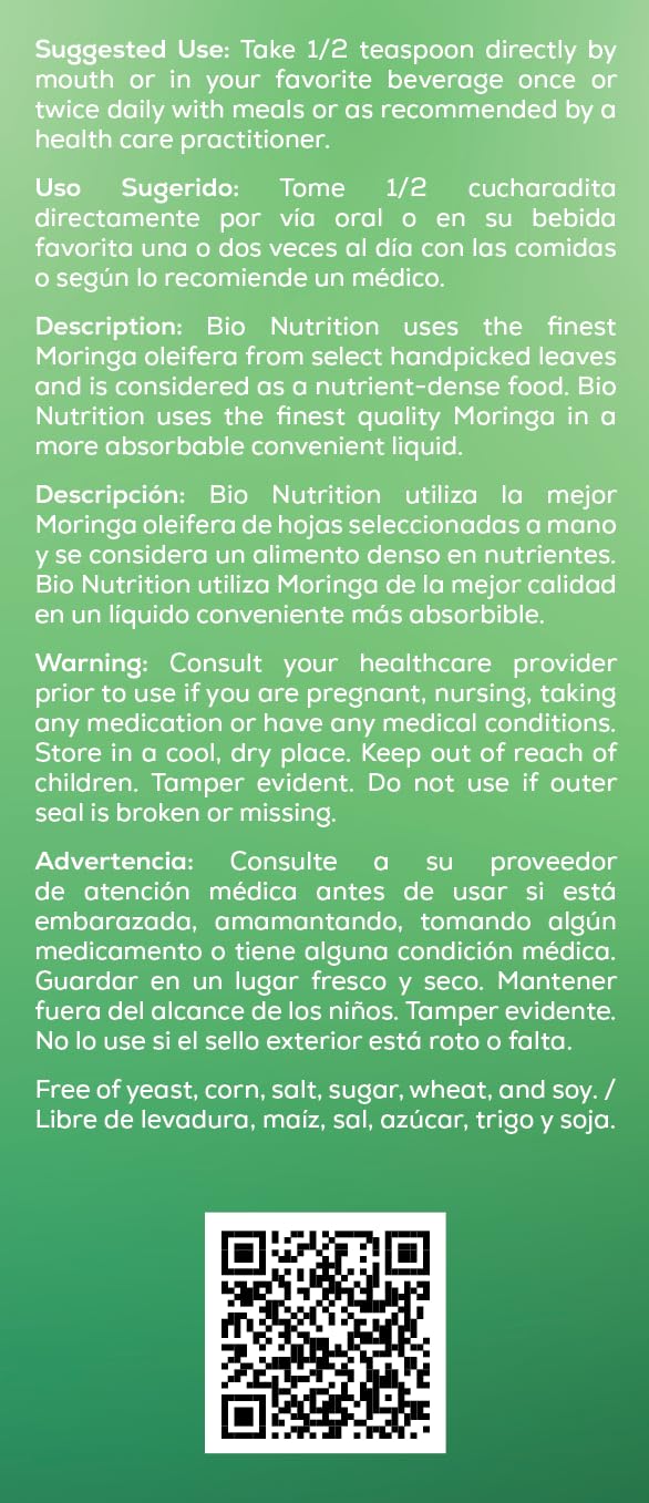 Bio Nutrition Moringa Líquida, derrame suave, uso cómodo en bebidas.