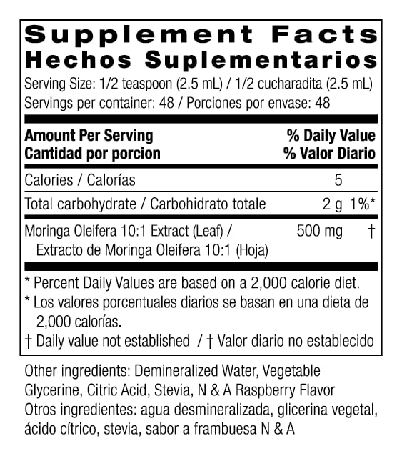Bio Nutrition Moringa Líquida, etiqueta clara, ideal para mezclar en bebidas.