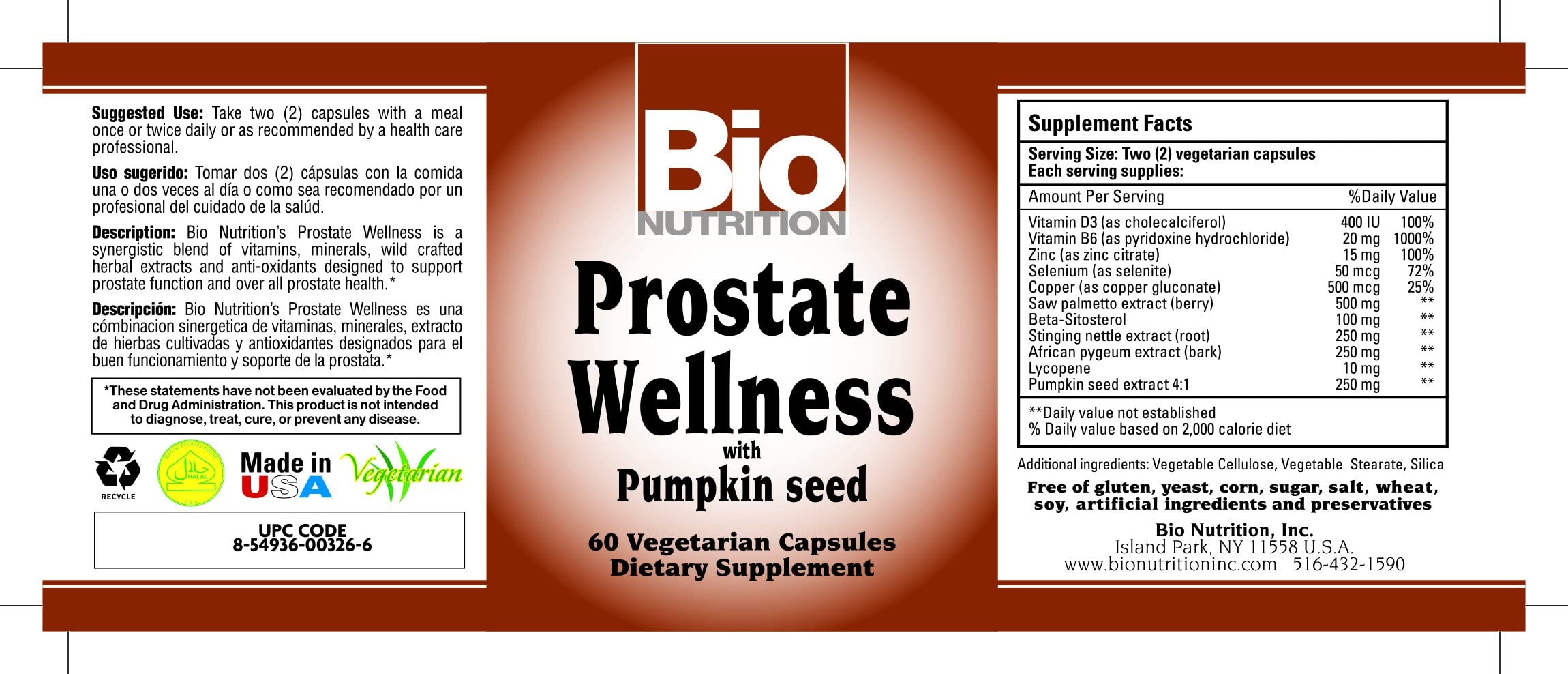 Bio Nutrition Prostate Wellness, cápsulas, presentación práctica para el uso diario