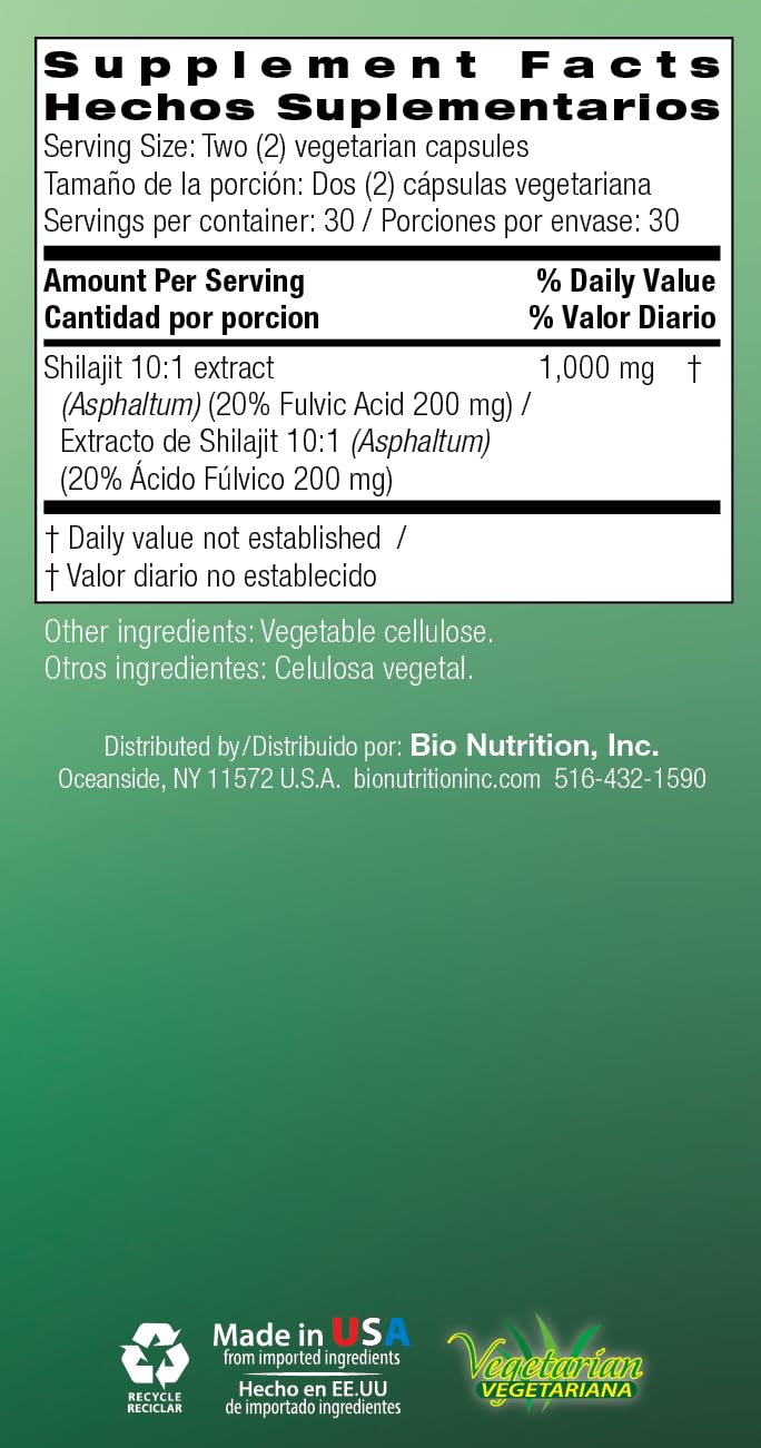 Bio Nutrition Shilajit, caja informativa, cápsulas vegetarianas para apoyo general diario.