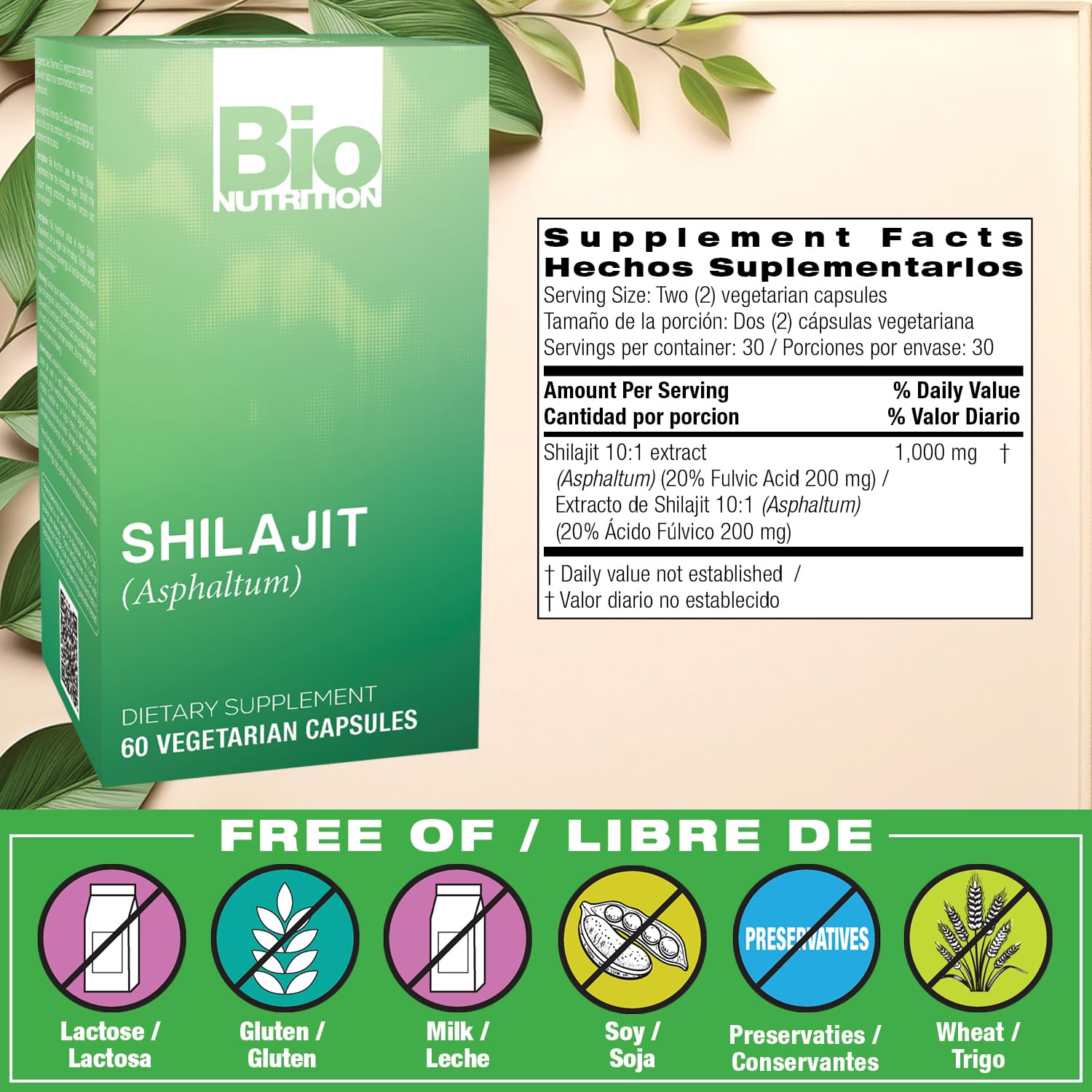 Bio Nutrition Shilajit, etiqueta de cápsulas, posible mejora de claridad mental y enfoque.