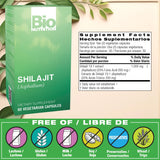 Bio Nutrition Shilajit, etiqueta de cápsulas, posible mejora de claridad mental y enfoque.
