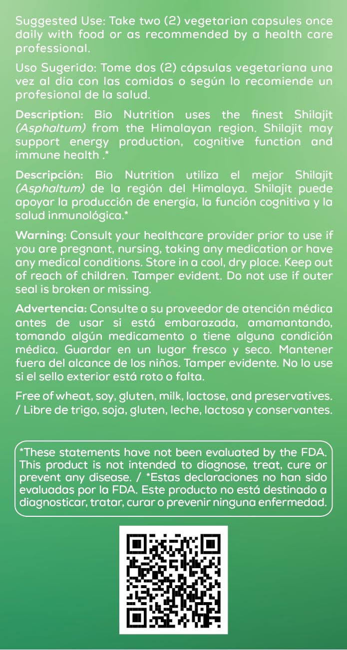 Bio Nutrition Shilajit frasco cápsulas, preparado para apoyo diario de energía y vitalidad.