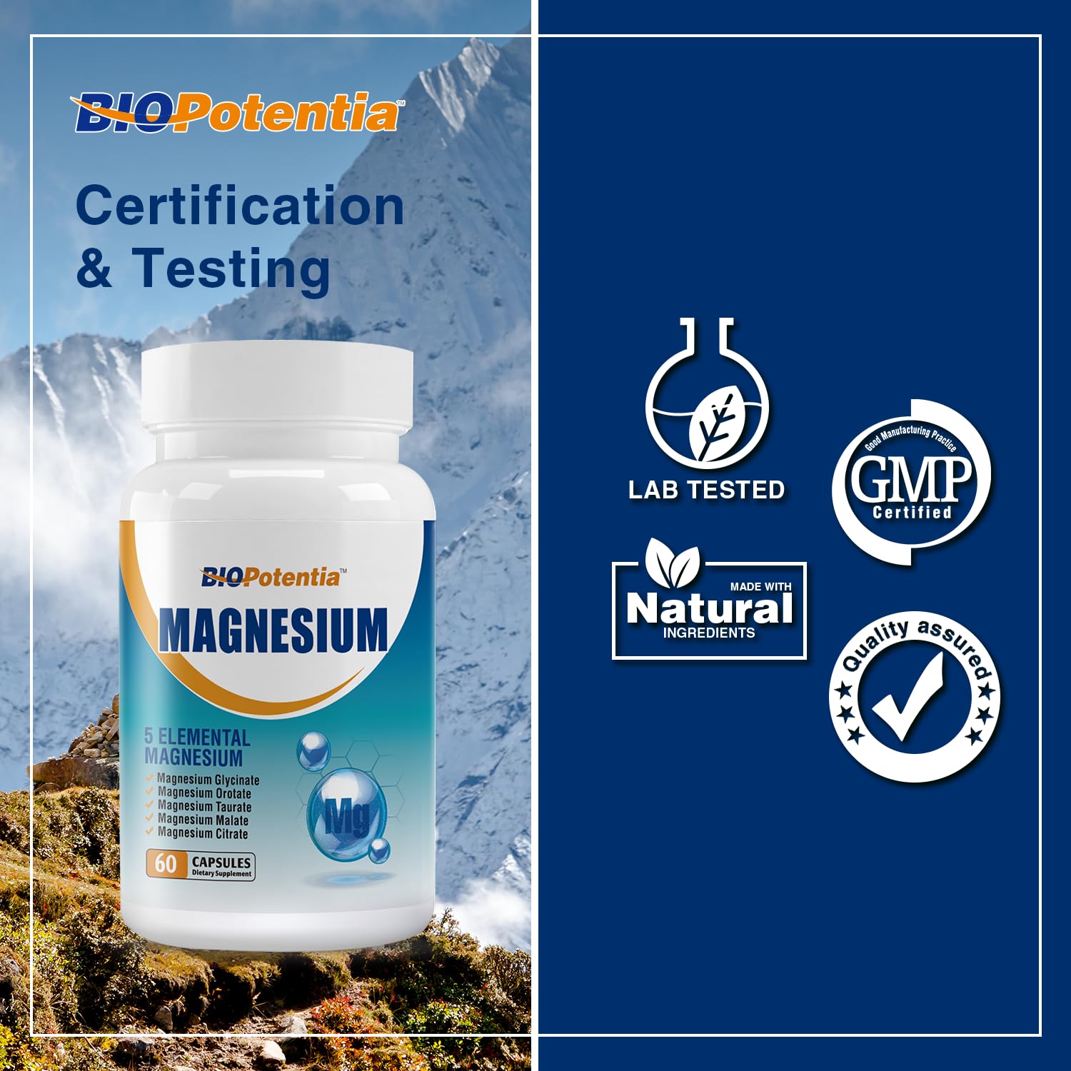 BIO POTENTIA Magnesium Complex etiqueta destacando ingredientes clave