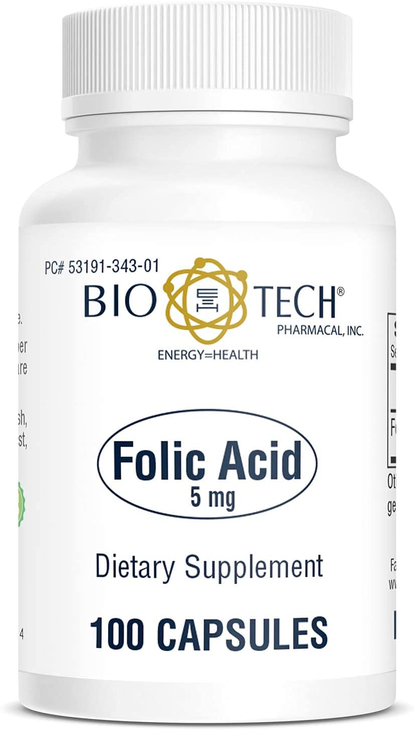 Bio-Tech Pharmacal ácido fólico 5 mg, botella, uso diario para nutrición nerviosa