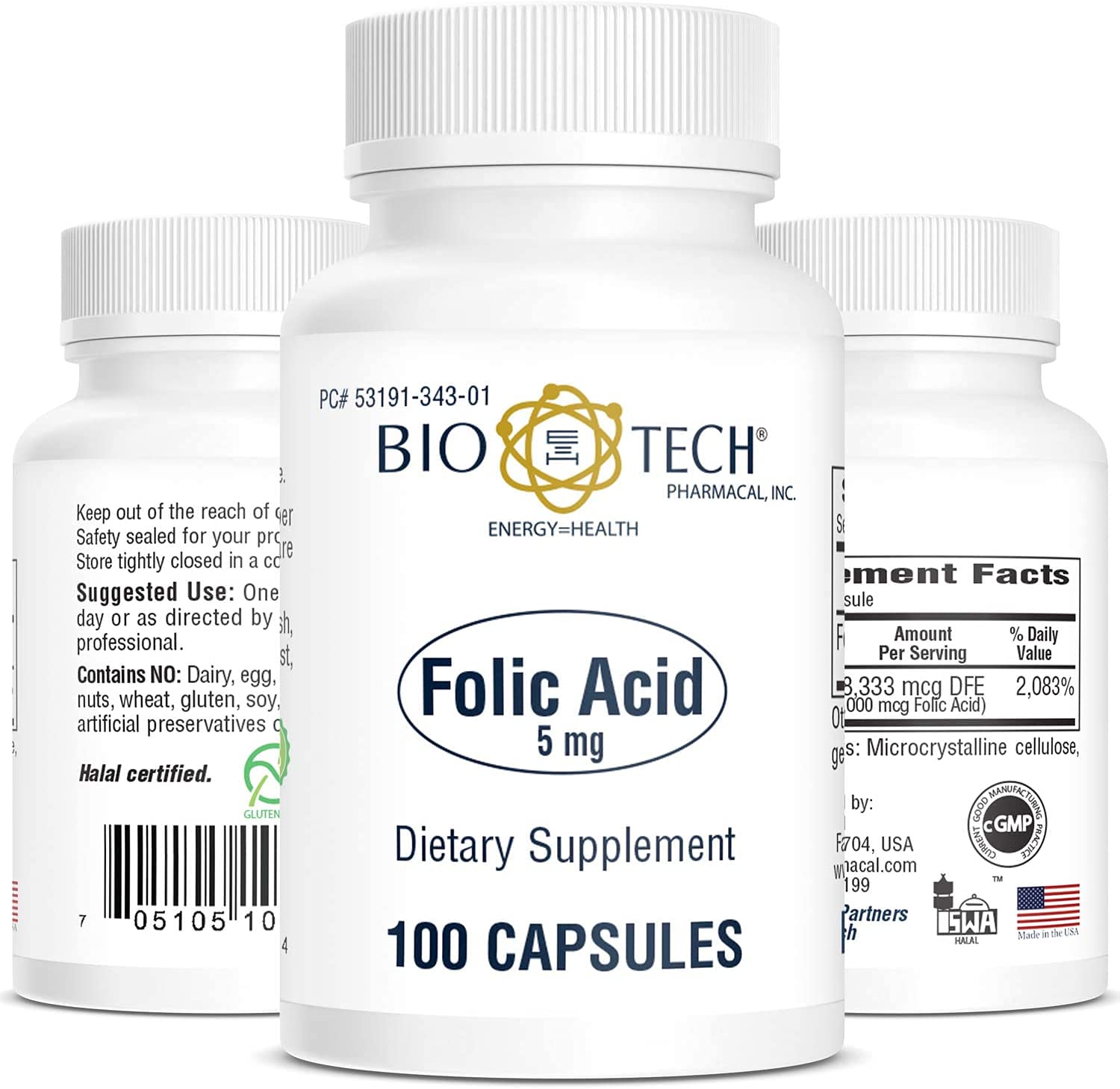Bio-Tech Pharmacal ácido fólico 5 mg en empaque, posible apoyo a la salud cardiovascular