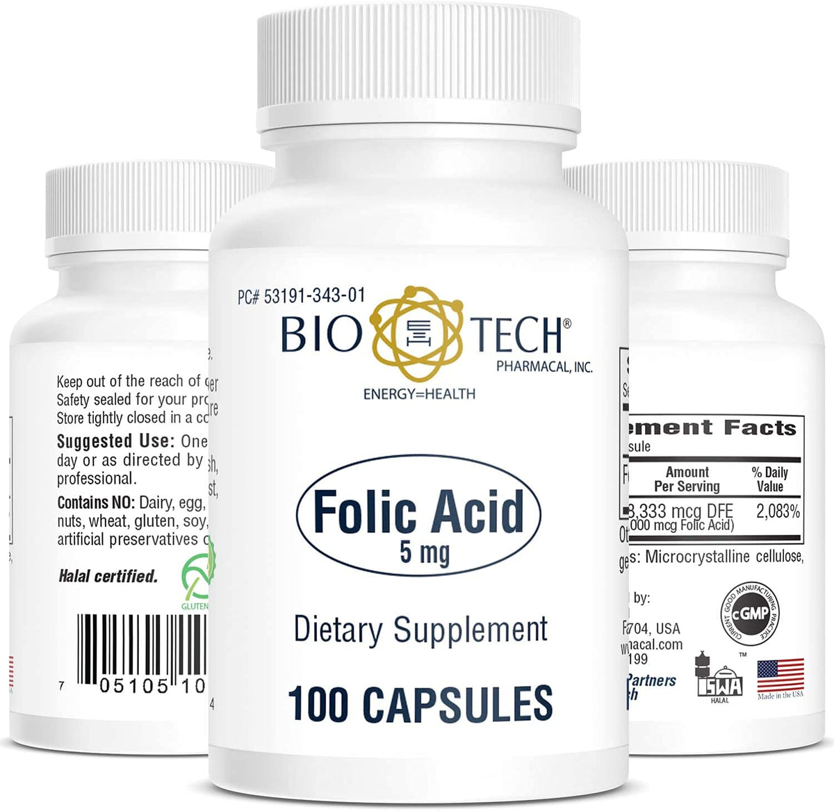 Bio-Tech Pharmacal ácido fólico 5 mg en empaque, posible apoyo a la salud cardiovascular