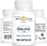 Bio-Tech Pharmacal ácido fólico 5 mg en empaque, posible apoyo a la salud cardiovascular
