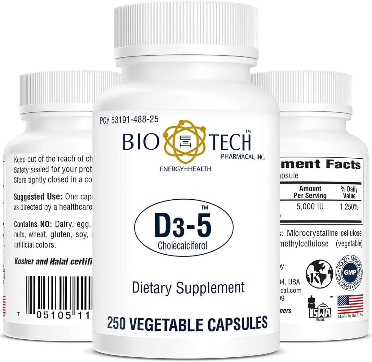 Bio-Tech Pharmacal D3-5: botella con cápsulas vegetales para salud ósea