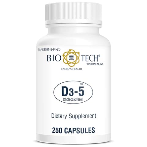 Bio-Tech Pharmacal D3-5 cápsulas: apoyo diario para huesos e inmunidad.