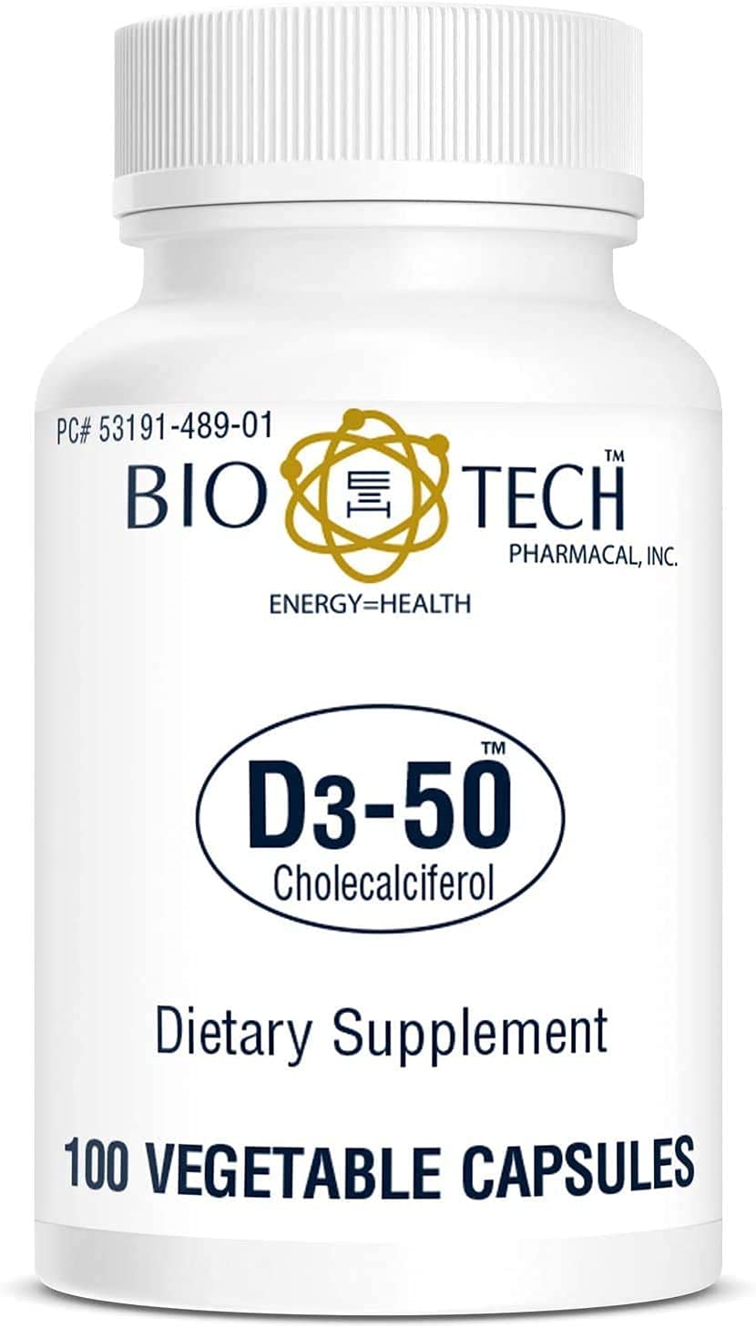 Bio-Tech Pharmacal D3-50, botella frontal, apoyo potencial a la salud ósea en tu día a día.