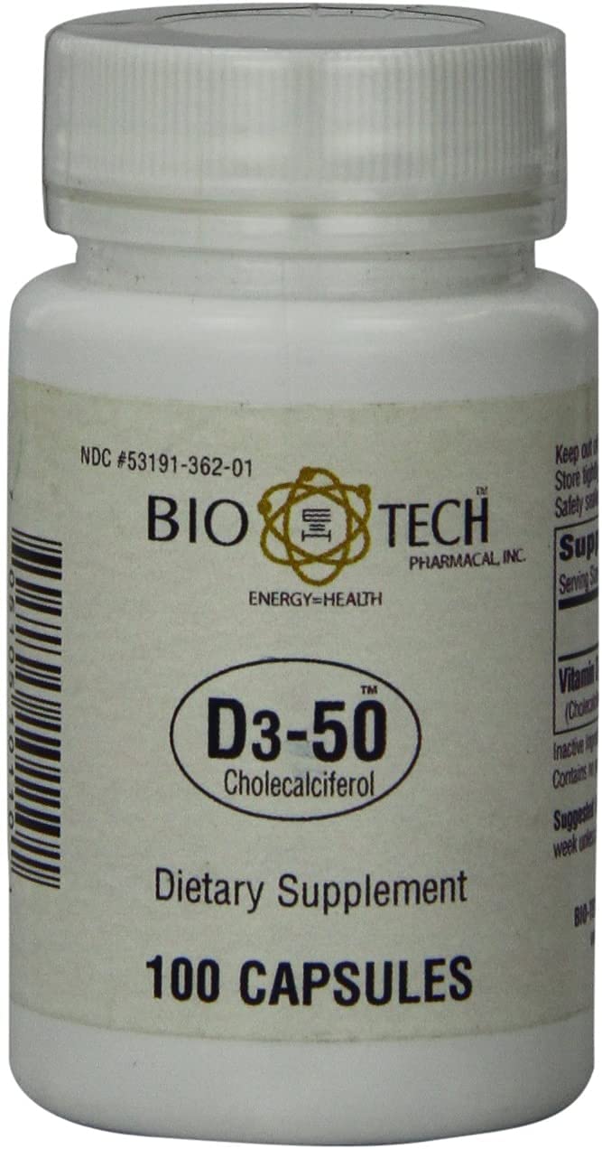 Bio-Tech Pharmacal D3-50, botella; enfoque en la etiqueta y la dosis para salud ósea.