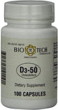 Bio-Tech Pharmacal D3-50, botella; enfoque en la etiqueta y la dosis para salud ósea.