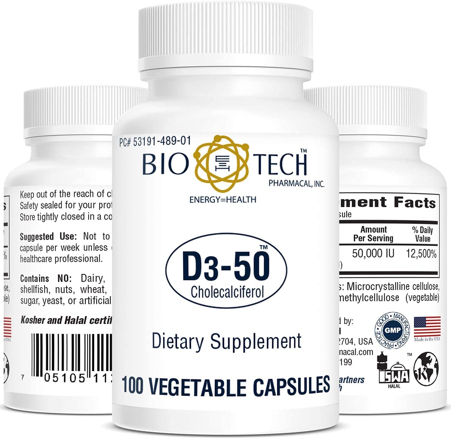 Bio-Tech Pharmacal D3-50, cápsulas vegetales para un suplemento natural de vitamina D3.