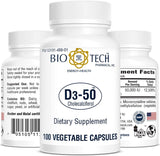 Bio-Tech Pharmacal D3-50, cápsulas vegetales para un suplemento natural de vitamina D3.